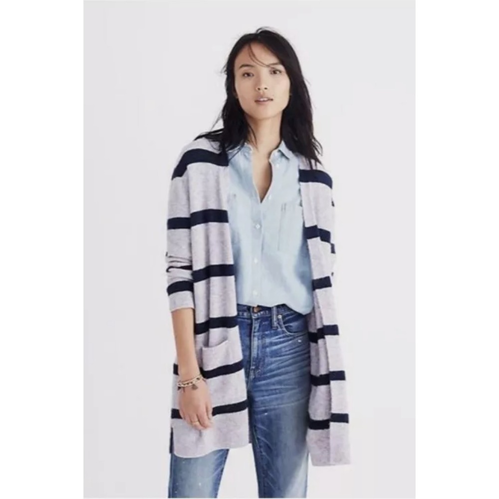 Madewell Kent Cardigan Sz M Nautical Navy Striped Gray Pockets Wool Alpaca Blend